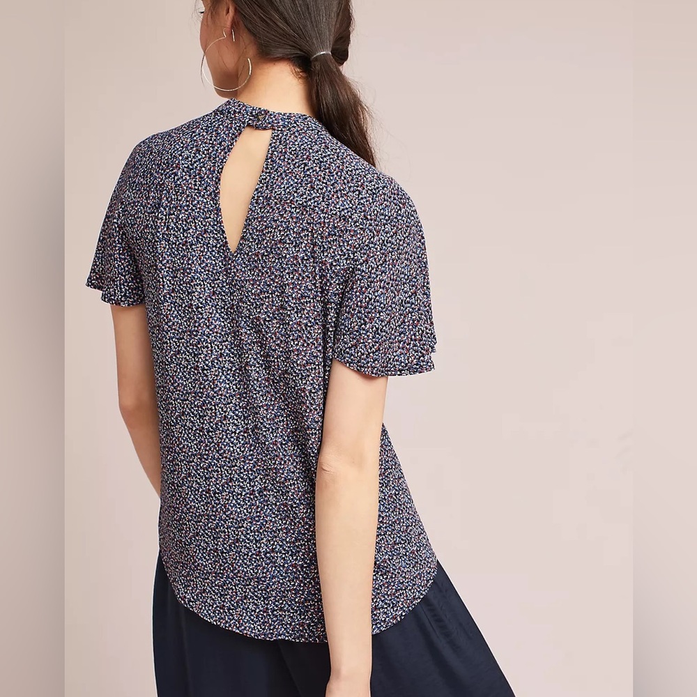 Anthropologie Navy Floral V-Neck Blouse with Choker - Picture 4 of 11